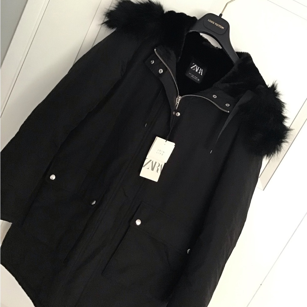 Zara Black Fur-Trimmed Parka Jacket with Faux Fur Hood